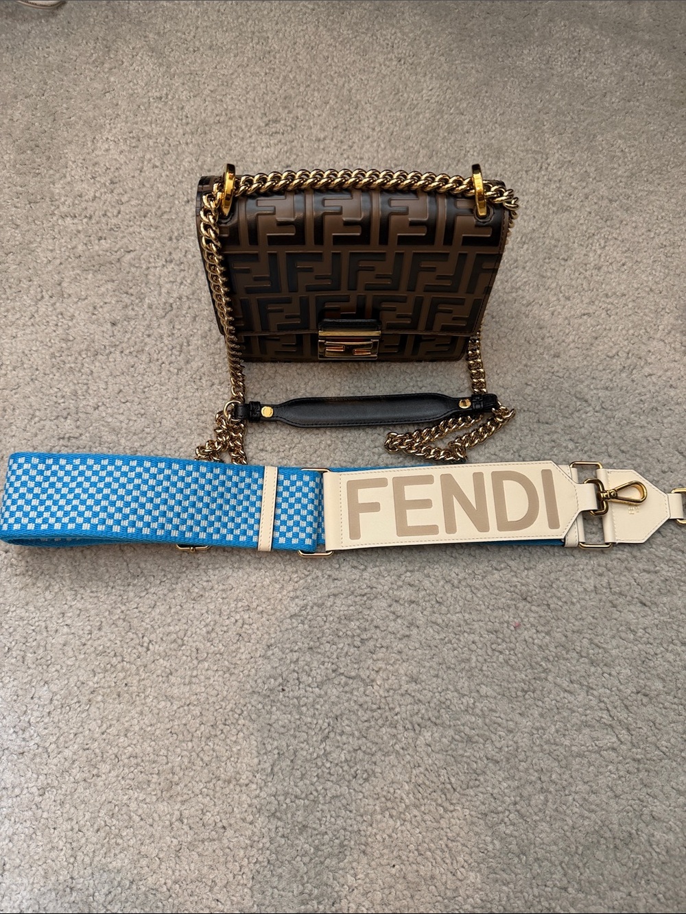 Fendi Brown FF Logo Kan U Shoulder Bag with Blue & Cream Wide Strap